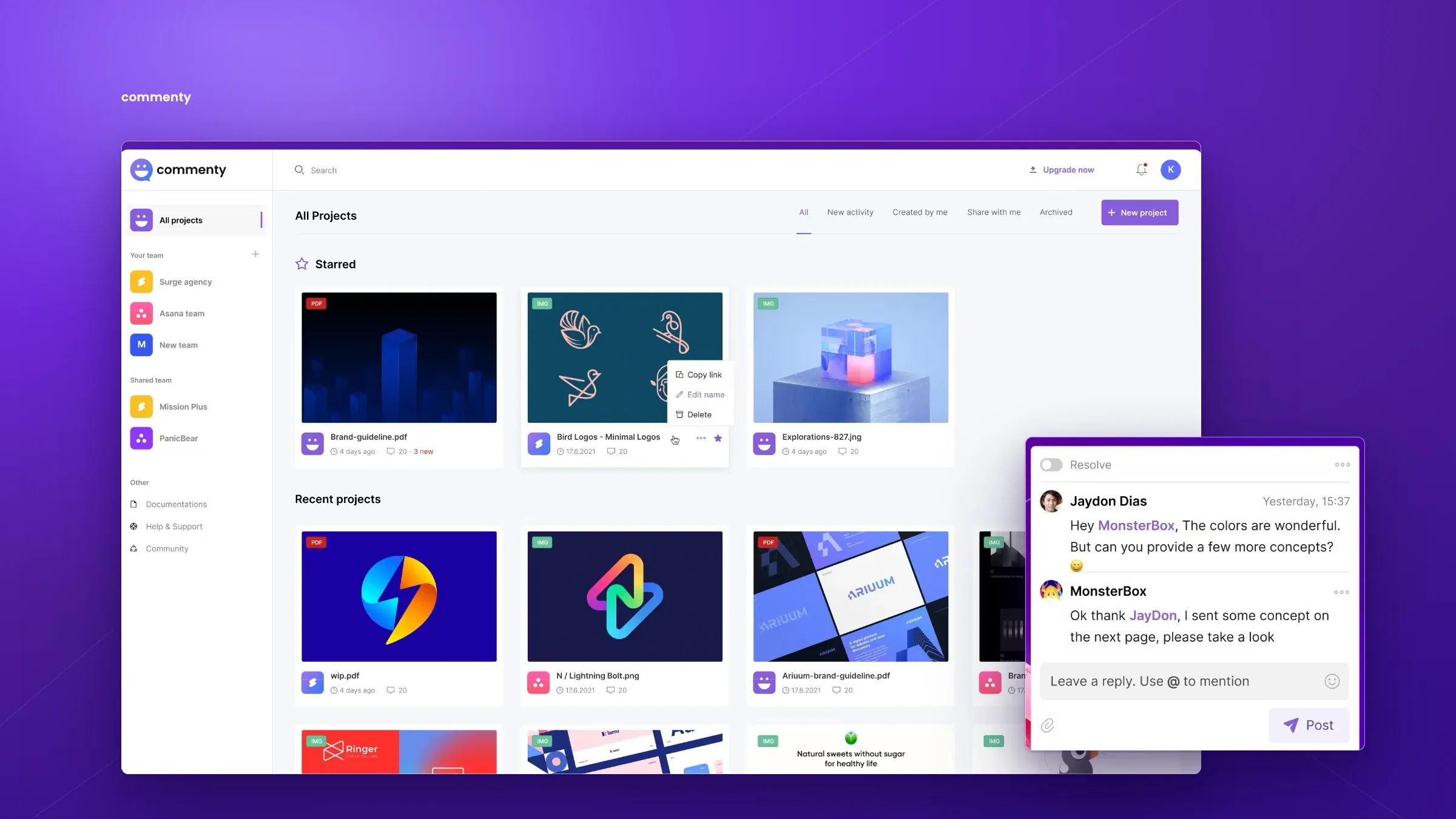The Commenty workspace on the product’s violet: a grid of design files with their comment counts, and a comment thread open over it.