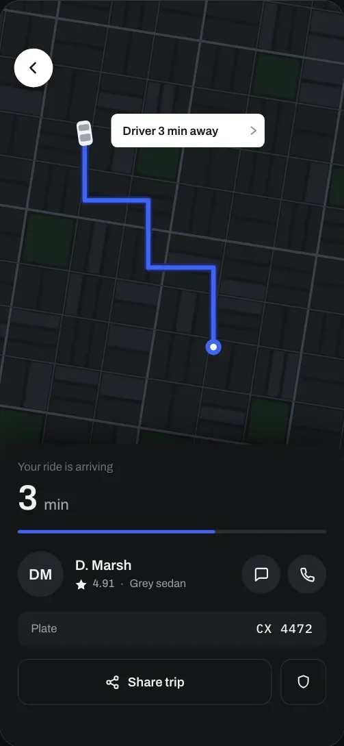 An illustrative rider app screen: the driver three minutes away on a dark map, and the trip’s details below.